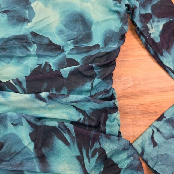 🔸️NWT Emerald Blue Floral Bodycon Mesh Long Sleeve Dress Small - Picture 6 of 16